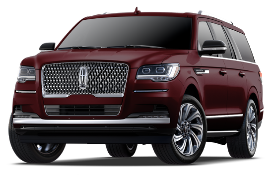 A luxurious, dark red SUV with a shiny chrome grille and sleek design stands prominently. The front view emphasizes its bold, elegant appearance.