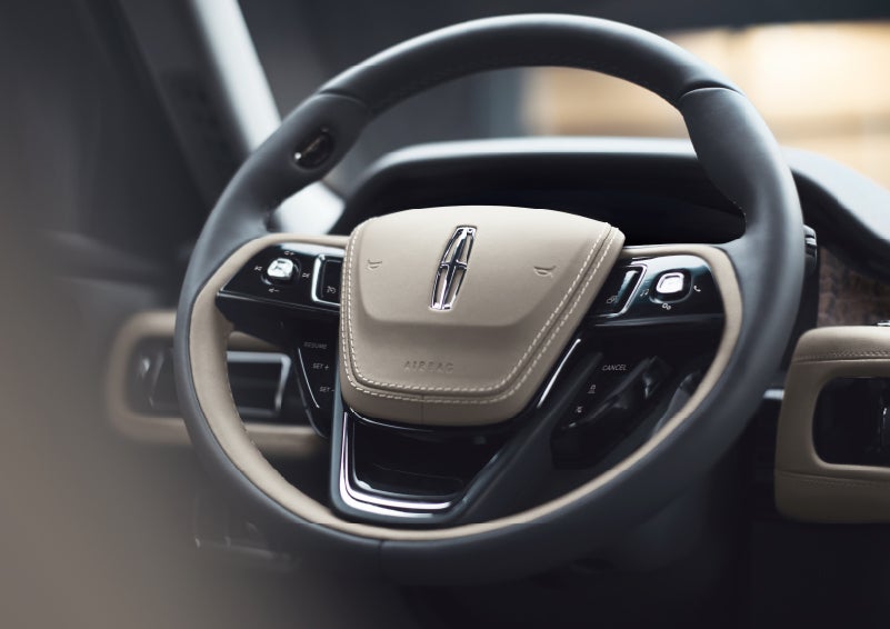 The intuitively placed controls of the steering wheel on a 2024 Lincoln Aviator® SUV | Korum Lincoln in Puyallup WA
