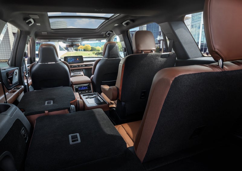 The interior of the 2025 Lincoln Aviator® SUV is shown with two seats folded down for added space. | Korum Lincoln in Puyallup WA