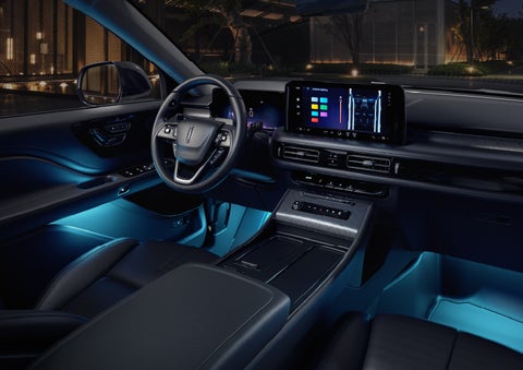 Deep blue Ambient Lighting glows from various places within a 2026 Lincoln Aviator® SUV. | Korum Lincoln in Puyallup WA